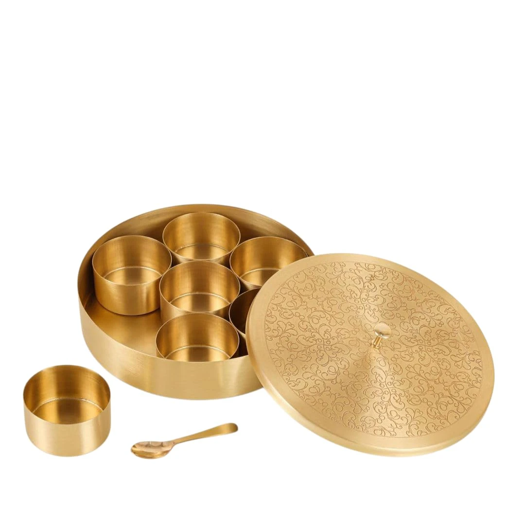 Premium Golden brass Masala Spice Box Set with Decorative Lid, 7 Storage Contain