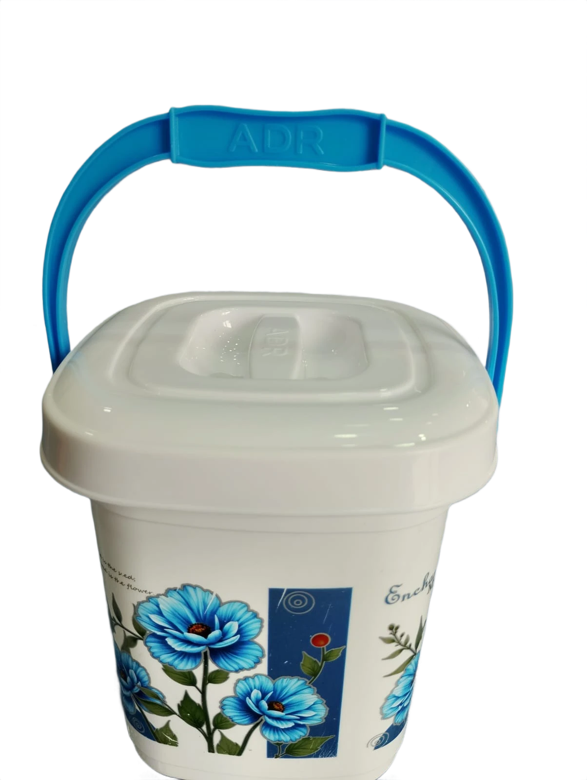 Plastic Storage Bucket with Lid & Handle – White & Blue  Floral Design (3Lt)