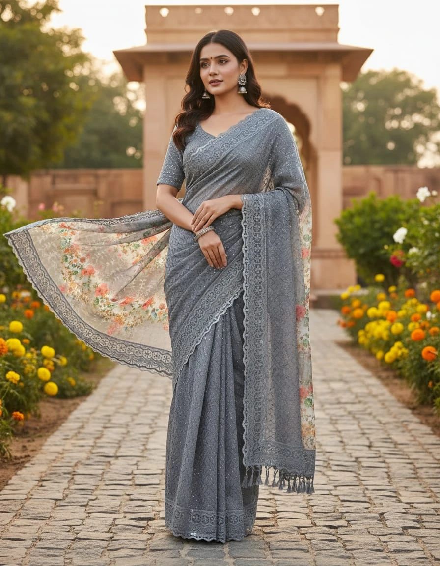 Latest Trending  Grey 5G Saree in Chiffon|Part Wear Saree|Net Saree