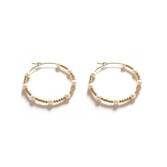 Gold and Pearl Beaded Hoop Earrings, Fashion Jewelry for Women, Elegant Round De