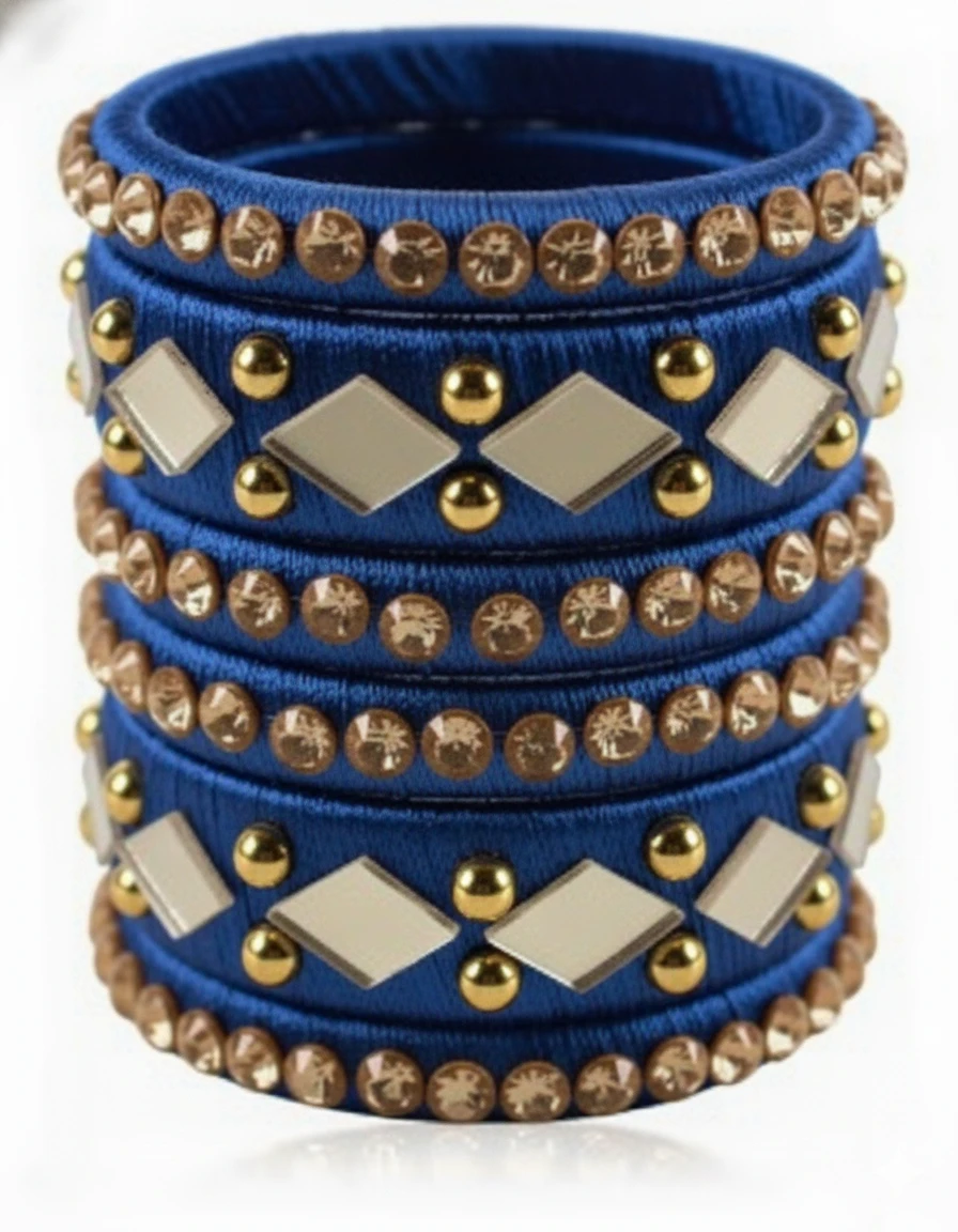 Traditional Indian Thread Bangles Set, Royal Blue with Gold Crystal and Metal St