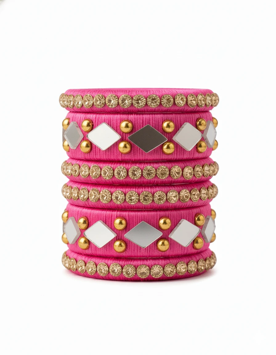 ALLAIL DESTINATION Traditional Silk Thread Bangles Set, Pink with Gold Beaded Ac