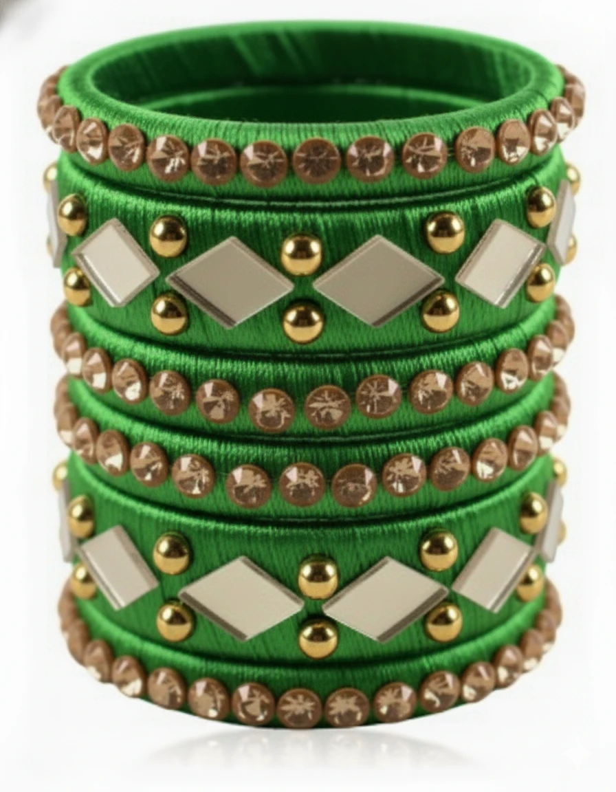 ALLAIL DESTINATION Traditional Silk Thread Bangles Set, Green with Gold Beaded A