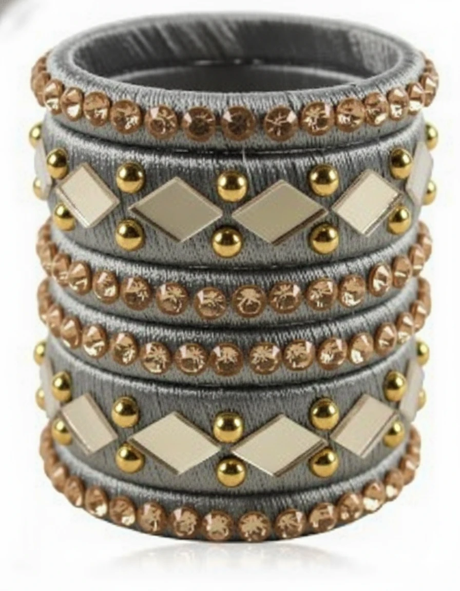 ALLAIL DESTINATION Traditional Silk Thread Bangles Set, Grey with Gold Beaded Ac