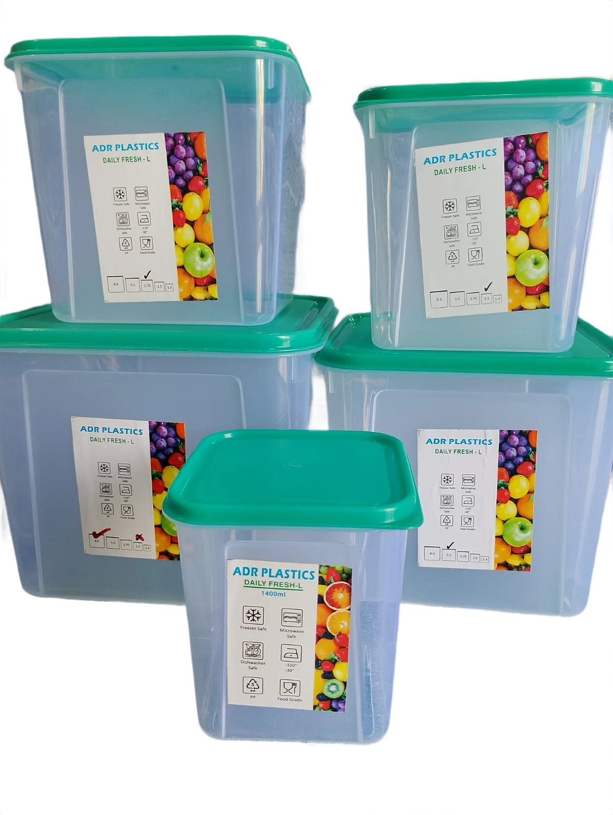 Daily Fresh-L Plastic Storage Containers Set (Green) – 1400 ml, 2500 ml, 3750 ml