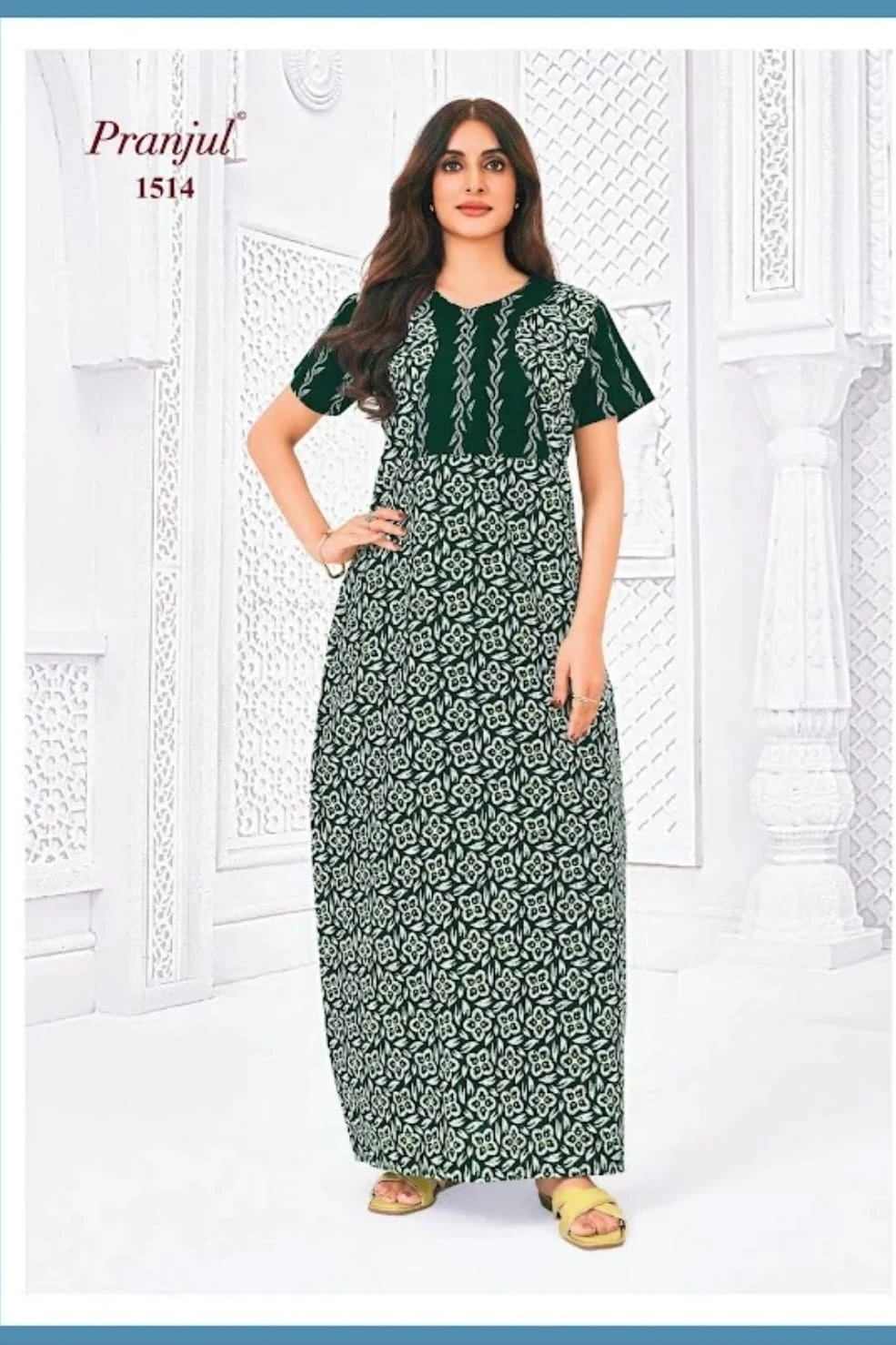 Pranjul Cotton Nighty for Women - Green