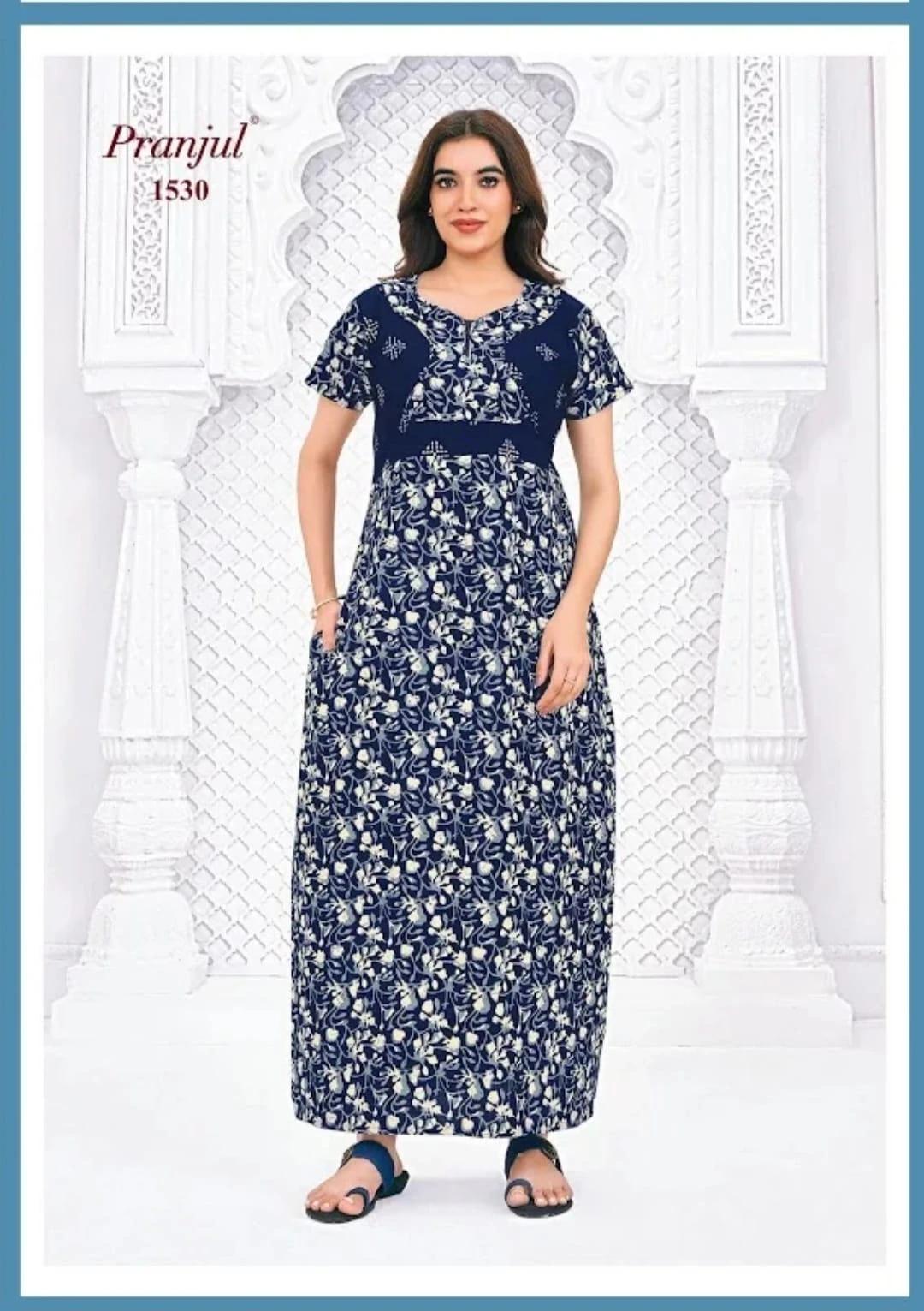 Pranjul Cotton Nighty for Women - Blue