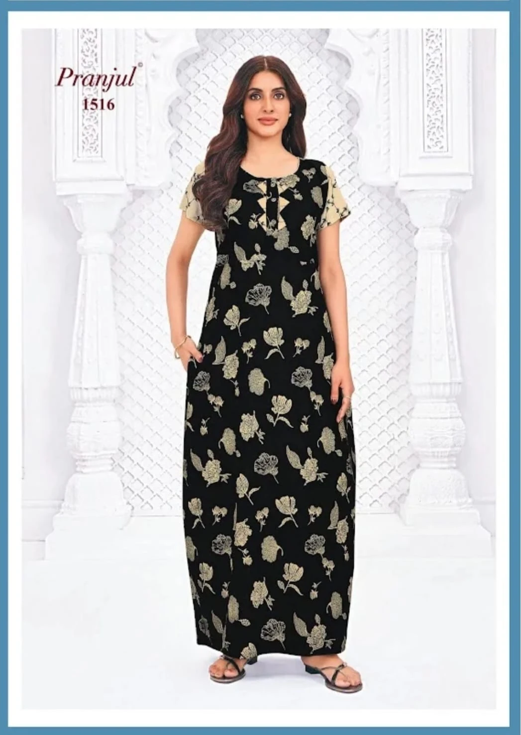 Pranjul Cotton Nighty for Women - Black floral printed